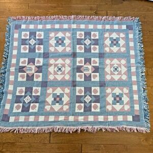 Vintage Woven Blanket Quilt Block Tapestry Cotton Blanket – 50 x 60 –cottagecore
